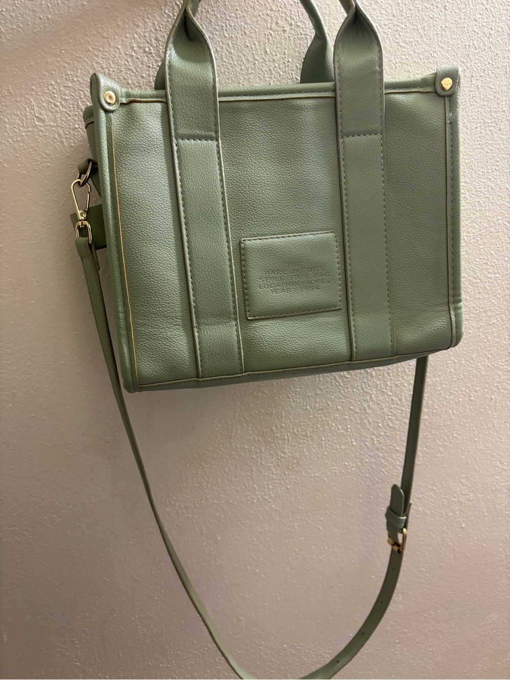 Sage green tote bag with top handles and an adjustable shoulder strap - Picture 3 of 10